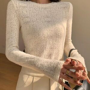 Commense Ivory Medium Floral Hollow Knit Crew Neck Long Sleeve Top NWT $26